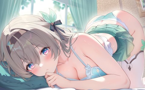 崩坏：星穹铁道,honkai,firefly,kuroida,single,长发,视线正对,前发,脸红,breasts,cleavage,银发,掀裙,少女,丝袜,短裙,下着,胖次,白丝