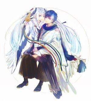 初音ミク,KAITO,雪ミク,VOCALOID,铃,碧眼,青发,发饰,holding,乐器,和服,视线正对,開いた口,坐姿,笑顔,双马尾,白发,雪ミク2018