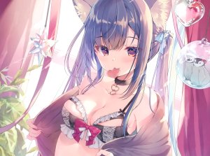 みわべさくら,动物,兽耳,bra,胸部,棕色眼,茶发,猫娘,项圈,cleavage,长发,ぺんぎん？,双马尾,下着,close,cropped,scan