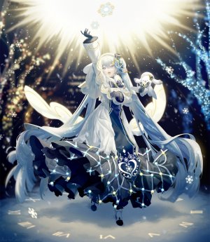 初音ミク,雪未来,雪ミク,VOCALOID,yamiluna39,动物,碧眼,青发,三股辫,兔子,连衣裙,全身,手套,holding,长发,開いた口,缎带,阴影,笑顔,双马尾,翅膀