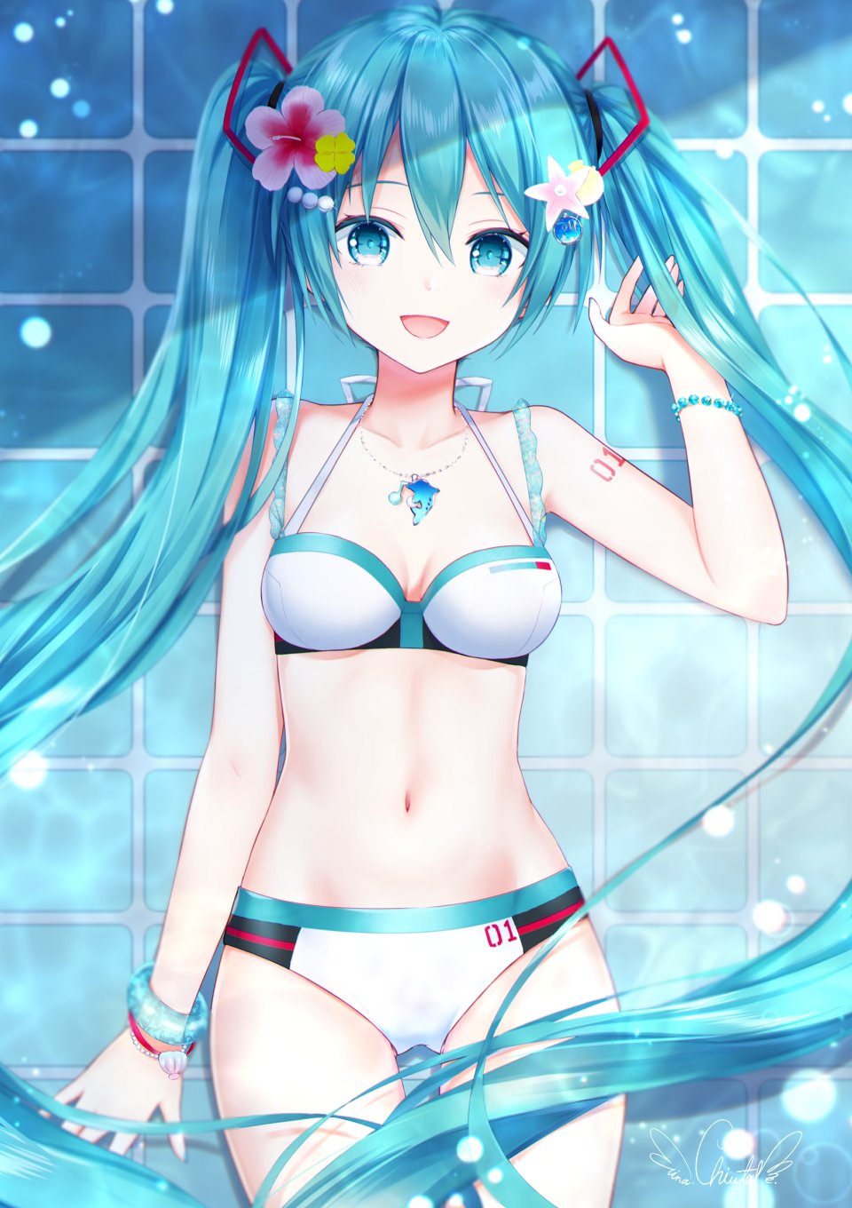 初音ミク VOCALOID 千羽茸みな 水着 发饰 长发 视线正对 露脐