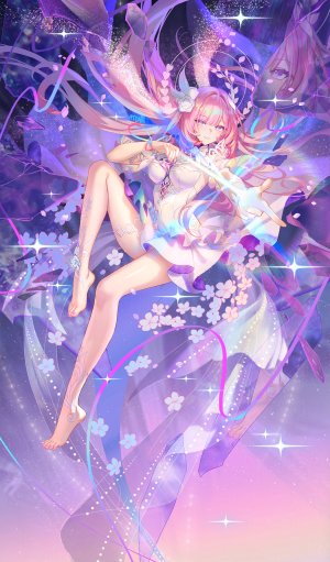 崩坏：星穹铁道,honkai,cyrene,ATDAN,single,长发,長身像,视线正对,前发,breasts,笑顔,紫色眼,粉发,全身,直刘海,尖耳,闪烁,少女,连衣裙,发饰,光晕