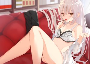 hikashou,原创,脸红,bra,胸部,棕色眼,チェリー,cleavage,长发,衬衫,下着