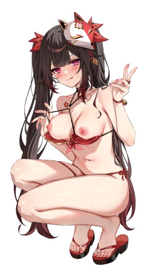 花火,崩壞：星穹鐵道,緋月ひぐれ,水着,臉紅,breasts,茶發,項圈,全身,長發,視線正對,仮面,露臍,nipples,緞帶,笑顔,single,泳裝,tattoo,雙馬尾,超長發,白背景