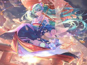 VOCALOID,初音ミク,qie_,长发,single,视线正对,前发,天空,和服,传统服装,少女,发饰,动物,雨伞