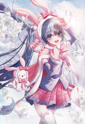 初音ミク,雪ミク,hello_kitty,VOCALOID,eumi으미,兽耳,碧眼,青发,脸红,兔子,兔耳,发饰,长发,视线正对,開いた口,衬衫,短裙,笑顔,雪花,黑丝