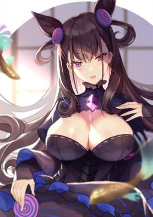 紫式部,Fate/GrandOrder,Fate系列,itsia,胸部,cleavage,双团子头,连衣裙,巨乳,长发,长袖,视线正对,開いた口,紫色眼,笑顔,single