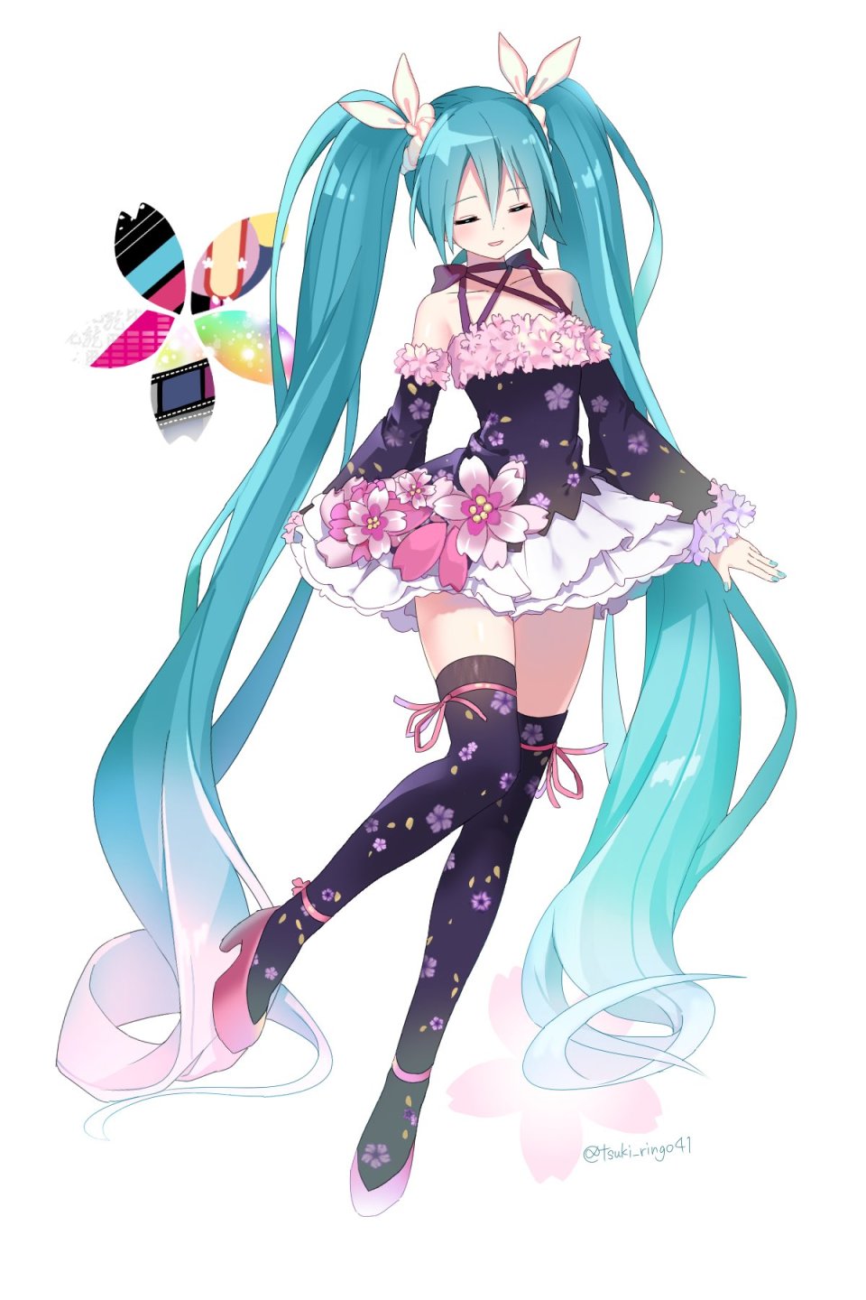 初音ミク VOCALOID 月りんご 樱花 连衣裙 全身 长发 開いた口