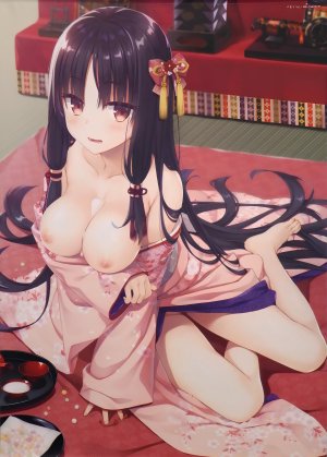 むりりん,前发,露肩,发饰,和服,长袖,No-Bra,衬衫,传统服装,下着,黑发,脸红,breasts,棕色眼,cleavage,长发,nipples,红色眼,超长发,视线正对,開口,坐姿,笑顔,breast_hold,single