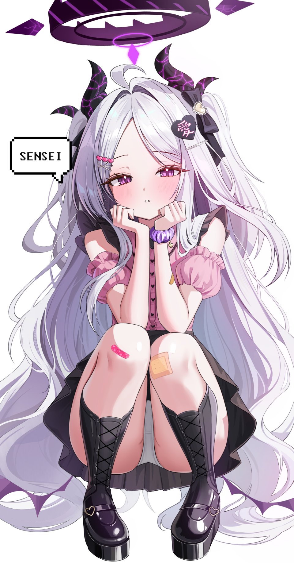 空崎ヒナ 蔚蓝档案 呆毛 创可贴 脸红 领结 恶魔娘 发饰