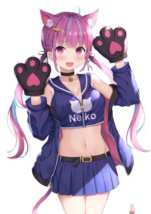 湊あくあ,Hololive,埃策尔,呆毛,兽耳,露肩,胸部,猫耳,猫娘,猫尾,项圈,cleavage,手套,长发,视线正对,横乳,迷你短裙,露脐,開いた口,紫色眼,紫发,衬衫,短裙,笑顔,single,双马尾,Vtuber,白背景