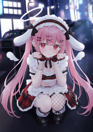 amatsuka_eru,独立虚拟YouTuber,茶乃ひより,兽耳,围裙,全身,手套,光晕,长发,视线正对,迷你短裙,露脐,粉发,红色眼,缎带,短裙,single,双马尾,Vtuber,翅膀