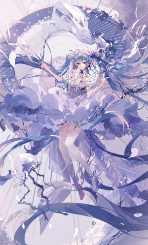 初音ミク,VOCALOID,amatsukiryoyu,碧眼,青发,连衣裙,全身,发饰,长发,视线正对,花瓣,缎带,笑顔,single,黑丝,双马尾,白丝