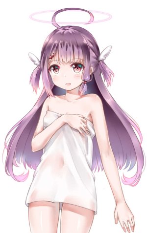 ユメノシオリ,yumeno_shiori_channel,呆毛,脸红,发饰,光晕,holding,长发,红色眼,single,毛巾,Vtuber