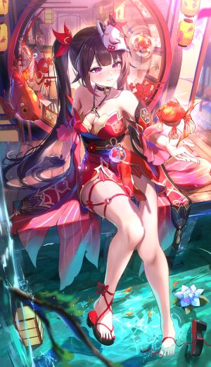 崩坏：星穹铁道,honkai,花火,otabaaa,single,长发,長身像,视线正对,脸红,前发,breasts,黑发,笑顔,红色眼,双马尾,露肩,全身,直刘海,传统服装,少女,动物,铃,オビ,仮面,灯笼