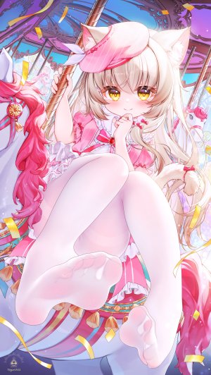 原创,兽耳,金发,脸红,breasts,猫耳,猫娘,猫尾,连衣裙,长发,视线正对,裤袜,坐姿,笑顔,single,黄色眼