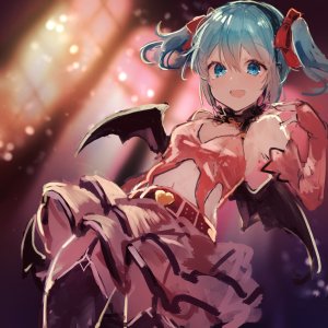 初音ミク,VOCALOID,池内たぬま,露肩,碧眼,青发,脸红,長手袋,手套,视线正对,露脐,開いた口,缎带,短裙,笑顔,single,双马尾,翅膀