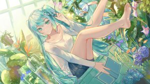 初音ミク,VOCALOID,裸足,holding,长发,视线正对,rose,坐姿,短裙,single,双马尾