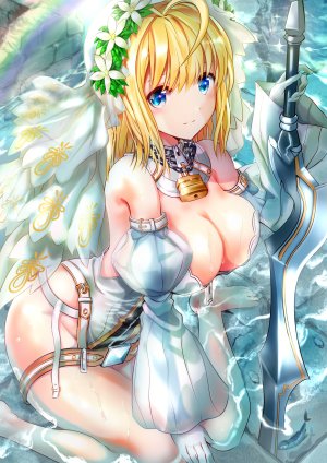 緒方てい,saber_bride,SaberExtra,Fate/EXTRA,fate/extra_ccc,Fate/Grand_Order,Fate/StayNight,cleavage,No-Bra,剑,湿身