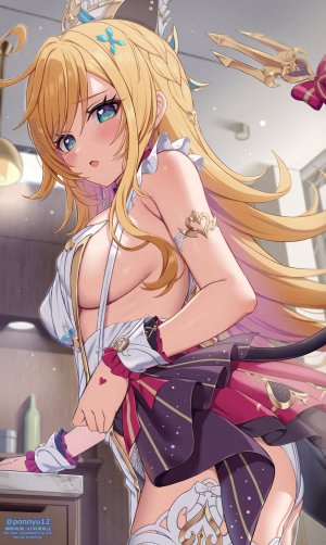 原神,ぽんにゅ,金发,碧眼,脸红,breasts,连衣裙,长发,视线正对,開口,single