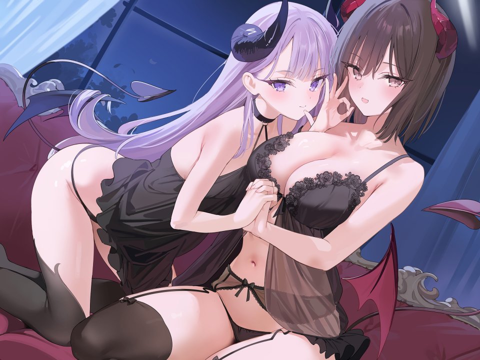 Kawauchi 恶魔 吊带袜 Lingerie 胖次 看穿 长筒袜 丝袜