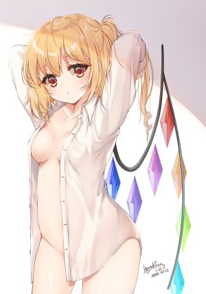 东方Project,芙兰朵露,haruki,single,長身像,视线正对,highres,breasts,短发,金发,白背景,开衫,nopan,少女,衬衫,翅膀