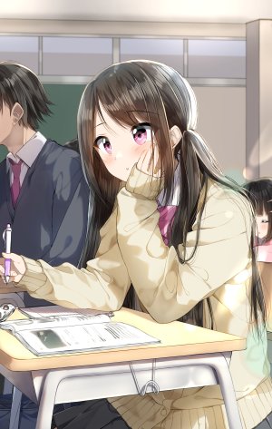 原创,ぺんたごん,前发,黑发,脸红,发饰,holding,长发,长袖,紫色眼,衬衫,坐姿,双马尾