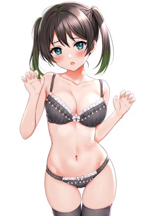 anata-chan,LoveLive!,三九呂,前发,黑丝,脸红,bra,胸部,cleavage,视线正对,横乳,露脐,開いた口,胖次,single,双马尾,下着,白背景