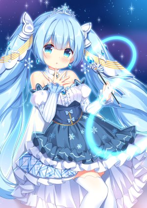 初音ミク,雪ミク,VOCALOID,イカたると,前发,露肩,碧眼,青发,脸红,holding,长发,长袖,衬衫,短裙,single,黑丝,头饰,双马尾,白丝