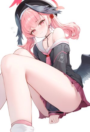 蔚蓝档案,下江コハル,age_fx,single,長身像,视线正对,前发,脸红,白背景,坐姿,双马尾,粉发,直刘海,长袖,少女,翅膀,光晕