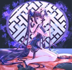 杨贵妃,Fate/GrandOrder,Fate系列,kotosuzu,前发,露肩,碧眼,直刘海,脸红,胸部,汉服,连衣裙,发饰,巨乳,长发,视线正对,開いた口,紫发,坐姿,single,双马尾