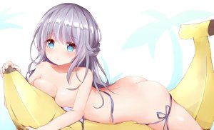 原创,akiori_koromo,前发,水着,碧眼,脸红,胸部,长发,视线正对,横臥,银发,single,泳装