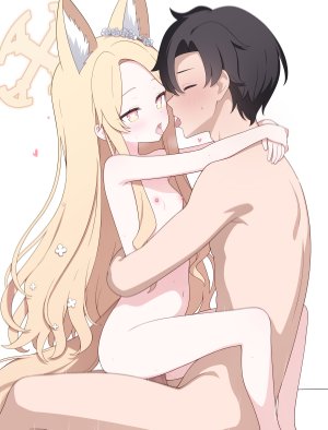 jyt,百合園セイア,蔚蓝档案,兽耳,黑发,金发,光晕,萝莉,长发,nipples,nude,開口,短发,骑乘,対面座位,超长发,白背景