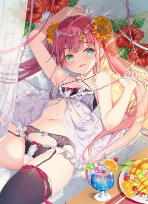 原创,みわべさくら,露肩,黑丝,bra,胸部,吊带袜,发饰,lingerie,长发,视线正对,横臥,露脐,開いた口,胖次,粉发,貧乳,笑顔,single,双马尾,下着