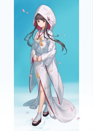 アカギ,战舰少女R,胸部,棕色眼,茶发,樱花,和服,巨乳,长发,白丝