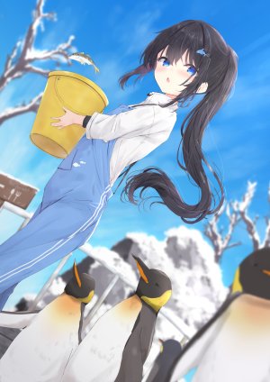 原创,ふぇありぃあい,动物,黑发,碧眼,脸红,发饰,holding,长发,长袖,企鹅,马尾辫,衬衫,天空,雪花,single,超长发