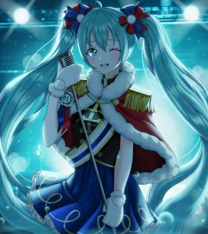 初音ミク,VOCALOID,呆毛,前发,碧眼,青发,长发,视线正对,迷你短裙,闭只眼,開いた口,短裙,笑顔,single,双马尾