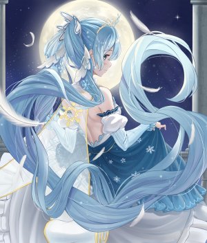 初音ミク,雪ミク,VOCALOID,bibboss39,前发,碧眼,青发,连衣裙,羽毛,长发,天空,single,头饰,双马尾