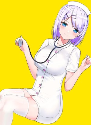 原创,suzuharu_toufu,前发,碧眼,脸红,胸部,连衣裙,发饰,holding,长发,视线正对,横乳,护士,紫发,坐姿,笑顔,single,黑丝,白丝