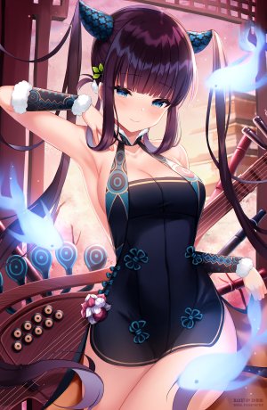 杨贵妃,fate,shouu-kun,前发,露肩,碧眼,直刘海,脸红,胸部,汉服,cleavage,连衣裙,Fate/Grand_Order,Fate系列,フルート,发饰,乐器,巨乳,长发,视线正对,紫发,笑顔,single,双马尾