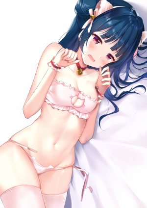 津岛善子,LoveLive!,LoveLive!Sunshine!!,depe,兽耳,前发,铃,青发,脸红,bra,胸部,cleavage,包子頭,长发,横臥,横乳,露脐,開いた口,胖次,红色眼,single,黑丝,下着,白背景,白丝