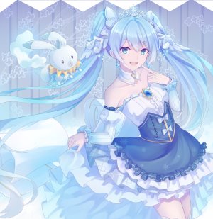 VOCALOID,初音ミク,雪ミク,雪音,mushoku,长发,single,長身像,脸红,视线正对,開いた口,碧眼,胸部,前发,双马尾,露肩