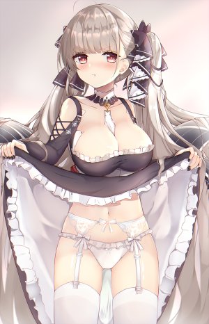 フォーミダブル,碧蓝航线,kuaua,呆毛,胸部,cleavage,连衣裙,吊带袜,巨乳,长发,长袖,视线正对,露脐,胖次,红色眼,single,黑丝,双马尾,下着,白丝