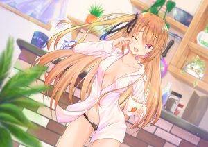 原创,r灰,前发,胸部,茶发,holding,长发,长袖,视线正对,横乳,露脐,No-Bra,開いた口,胖次,缎带,衬衫,笑顔,single,下着