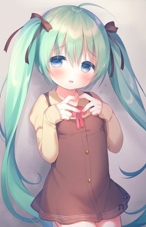 初音ミク,VOCALOID,mayumani,前发,碧眼,脸红,胸部,连衣裙,绿发,长发,长袖,视线正对,衬衫,貧乳,笑顔,single,双马尾