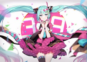 初音ミク,VOCALOID,合菓-,长发,视线正对,笑顔,single,黑丝,双马尾