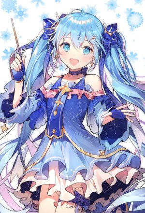 VOCALOID,初音ミク,雪ミク,雪ミク2017,Azit,single,長身像,脸红,视线正对,開いた口,碧眼,双马尾,露肩,青发,少女,手套,发饰