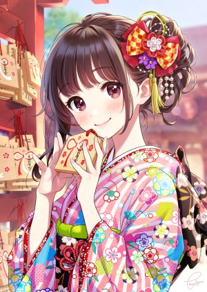 enxcanvas,女の子,オリジナル,着物,美少女,絵馬,振袖,マニキュア,アップスタイル,可愛い