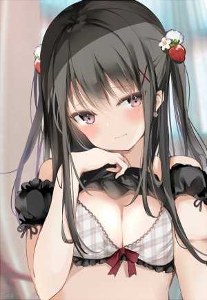 原创,ponika,露肩,黑发,bra,胸部,棕色眼,cleavage,发饰,巨乳,长发,视线正对,衬衫,single,下着