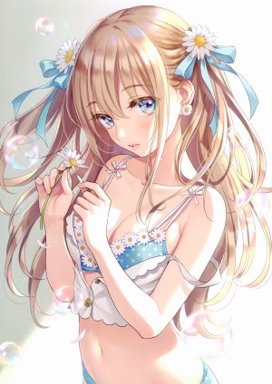 原创,森倉円,前发,露肩,金发,碧眼,bra,胸部,泡泡,cleavage,デージー,发饰,holding,lingerie,长发,横乳,露脐,胖次,花瓣,缎带,衬衫,single,下着,白背景